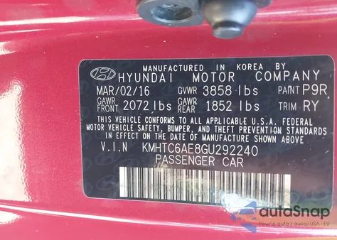 2016 Hyundai Veloster Turbo z USA, uszkodzony, nr VIN KMHTC6AE8GU292240